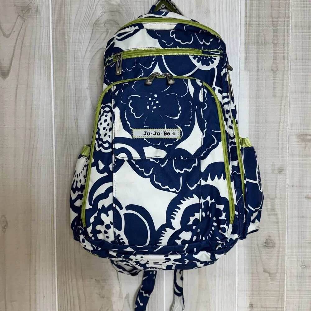 Ju Ju Be Be Right Back Diaper Backpack Colbalt Blossom Blue Green Floral Pattern